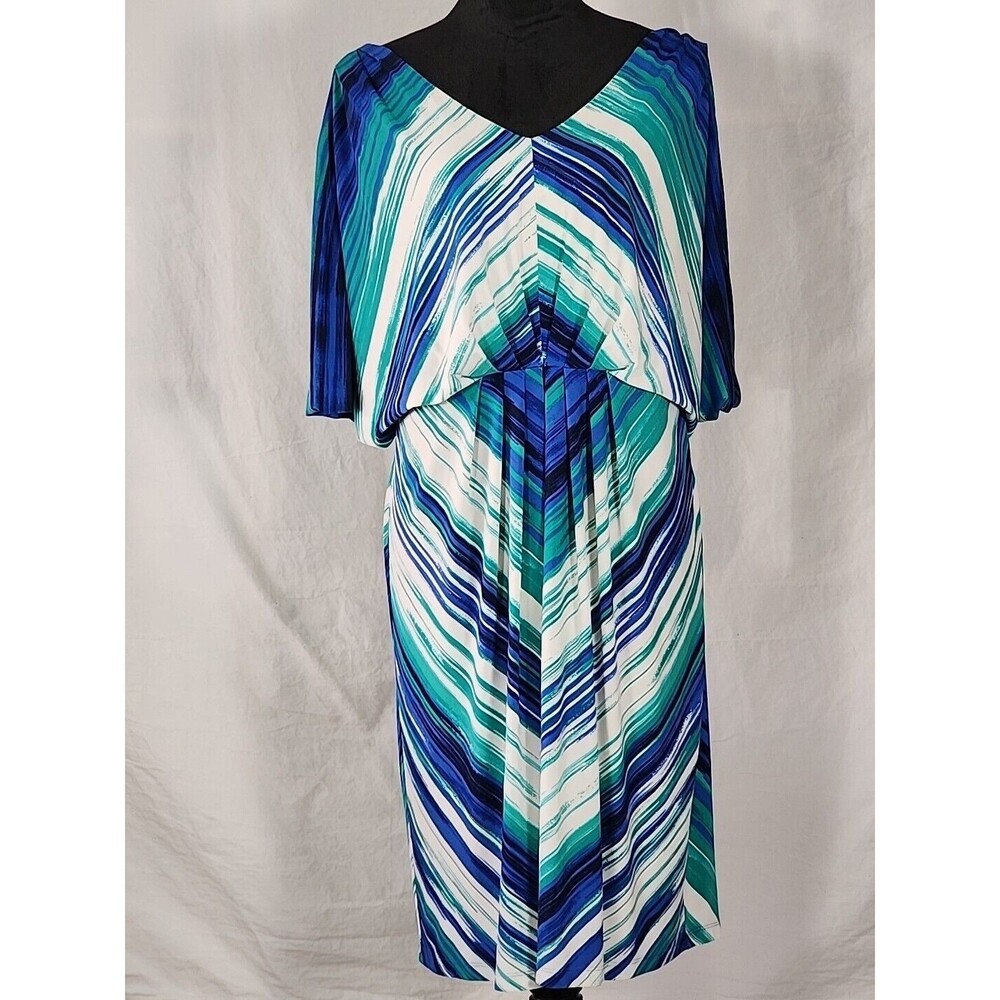 Sandra Darren Lined V-neck Flared Batwing Sleeve Midi Dress Size 16 Stripe Print